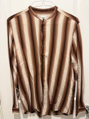 Zara Brown and Cream Vertical Stripe Mandarin-Collar Shirt
